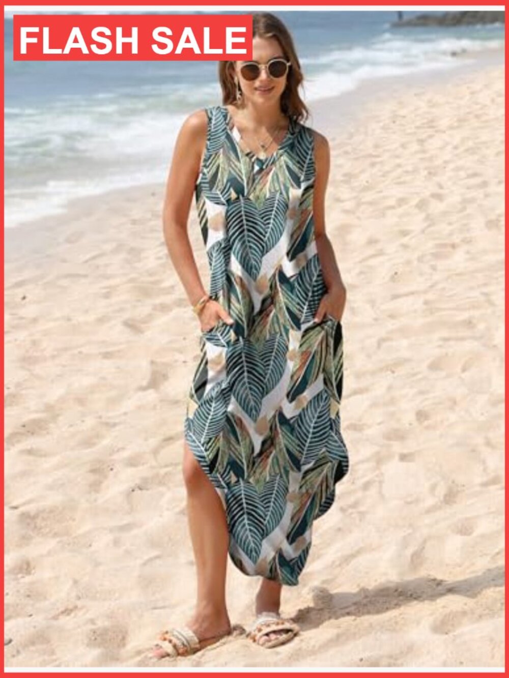 Boho V-Neck Maxi Dress with Pockets, Sleeveless Beach Sundress, Lightweight - Picture 3 of 7